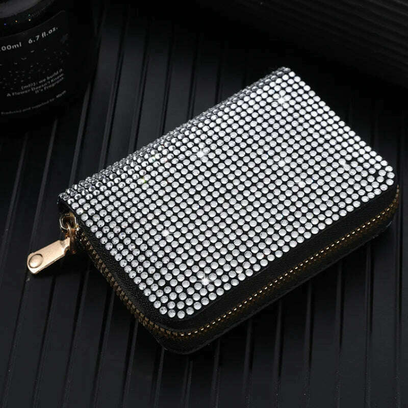 KIMLUD, Women Card Storage Bag Stylish Coin Purse Rhinestone Small Wallet for Women Zipper Change Card Holder Wallets, White, KIMLUD APPAREL - Womens Clothes