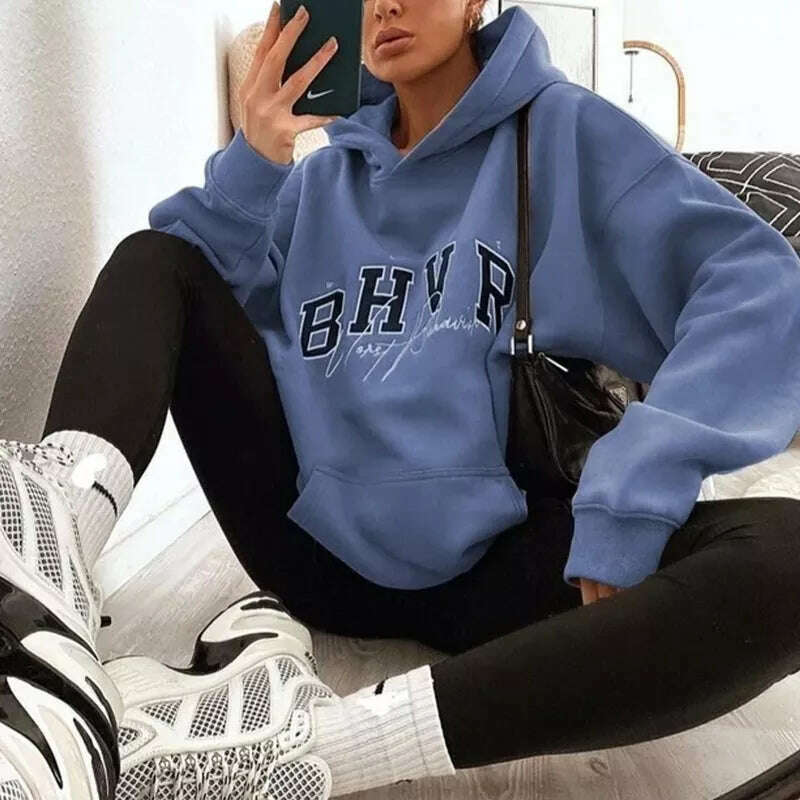 Women Casual Hoodie BHVR Game Letter Printing Plus Velvet Warm Long Sleeve Streetwear Sweater In Autumn Winter Grunge Oversized - KIMLUD