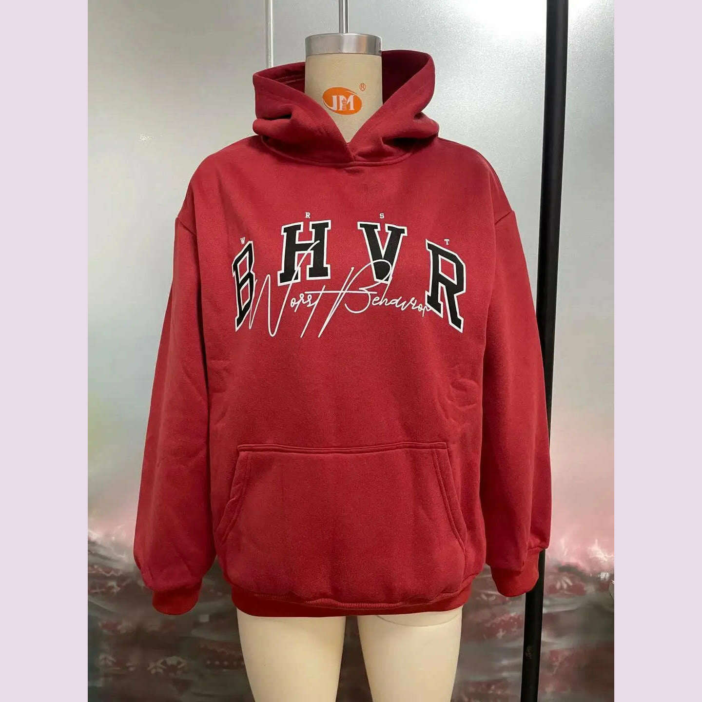 KIMLUD, Women Casual Hoodie BHVR Game Letter Printing Plus Velvet Warm Long Sleeve Streetwear Sweater In Autumn Winter Grunge Oversized, Red / M, KIMLUD APPAREL - Womens Clothes