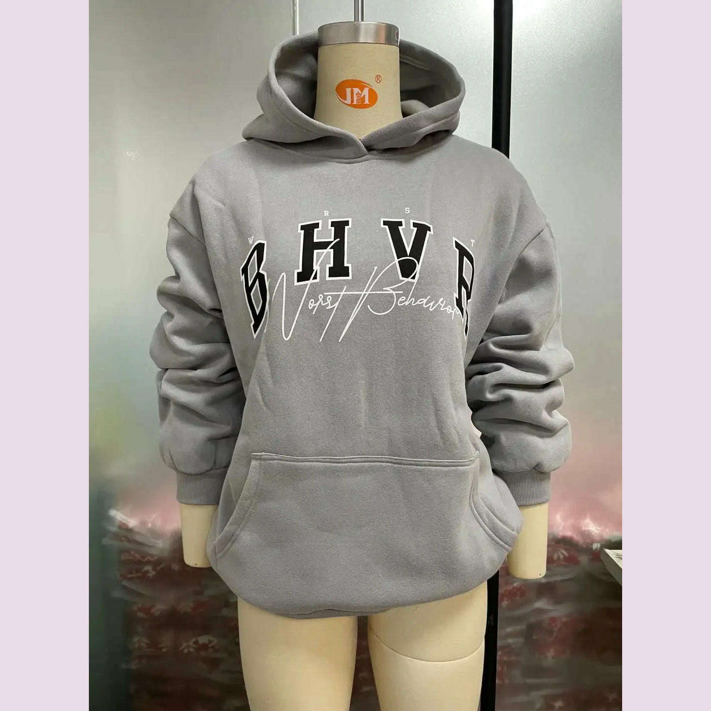 KIMLUD, Women Casual Hoodie BHVR Game Letter Printing Plus Velvet Warm Long Sleeve Streetwear Sweater In Autumn Winter Grunge Oversized, GRAY / M, KIMLUD APPAREL - Womens Clothes