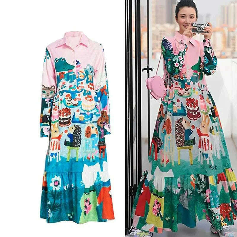 Women Casual Midi Shirt Dress Long Sleeve New Comings Fashion Design Cartoon Print Lady Streetwear Flower Vestidos Large Size - KIMLUD