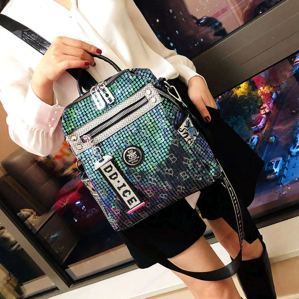 Women Casual Vegan Leather Sequins Backpack Female Fashion High Quality Big Size School Bag Luxury Brand Large Capacity Knapsack - KIMLUD