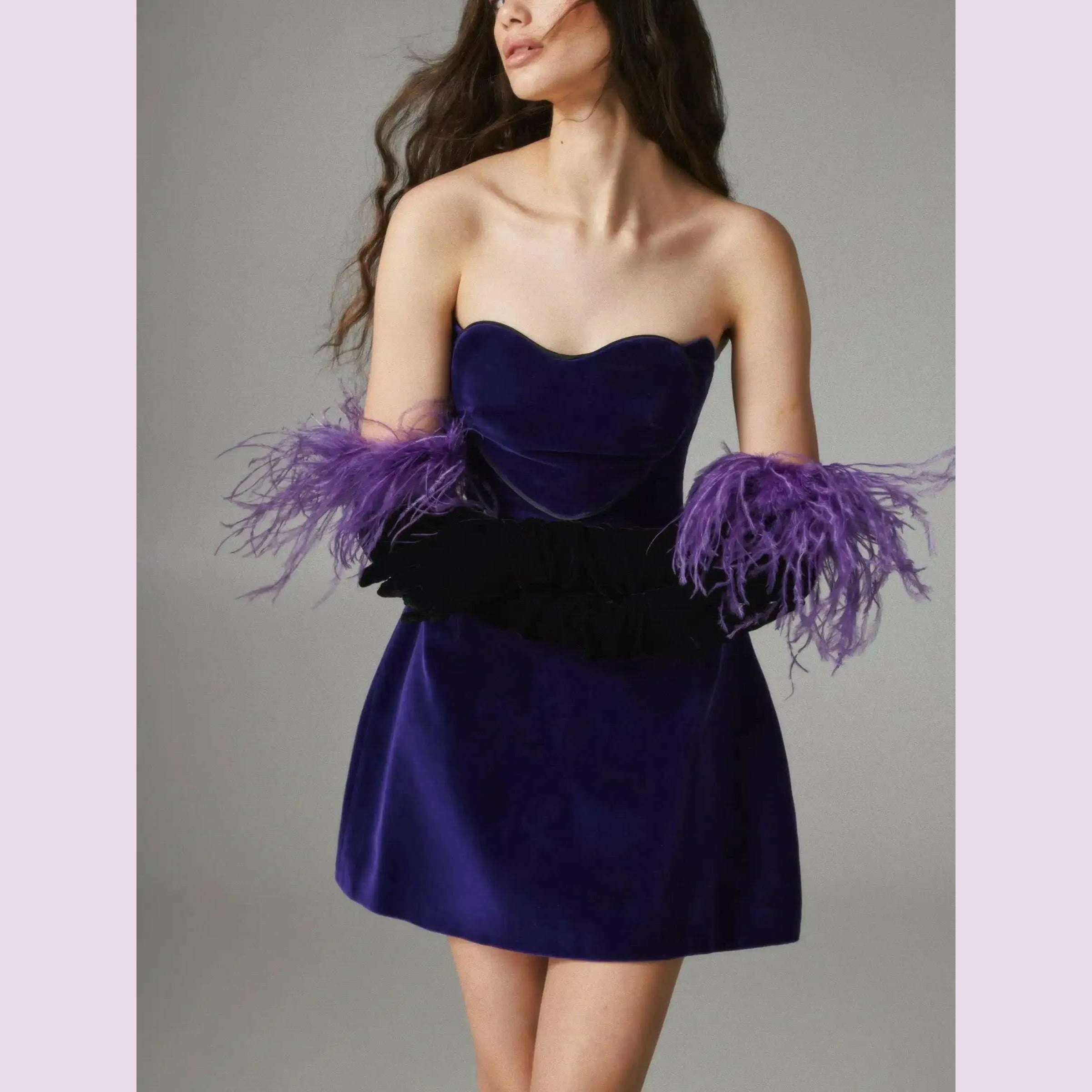 KIMLUD, Women Celebrity New Sexy Strapless Purple Velvet Gowns Dress Elegant Mini Evening Party Club Dress, PURPLE / XS, KIMLUD APPAREL - Womens Clothes