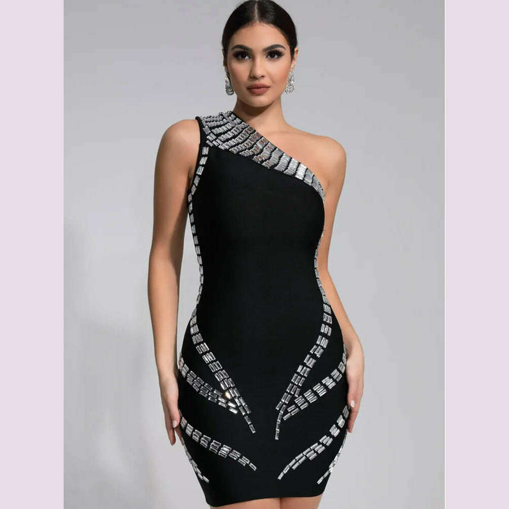 KIMLUD, Women Celebrity Sexy One Shoulder Crystal Diamonds Black Mini Bandage Dress 2024 Knitted Elegant Evening Club Party Outfit, black / M, KIMLUD APPAREL - Womens Clothes