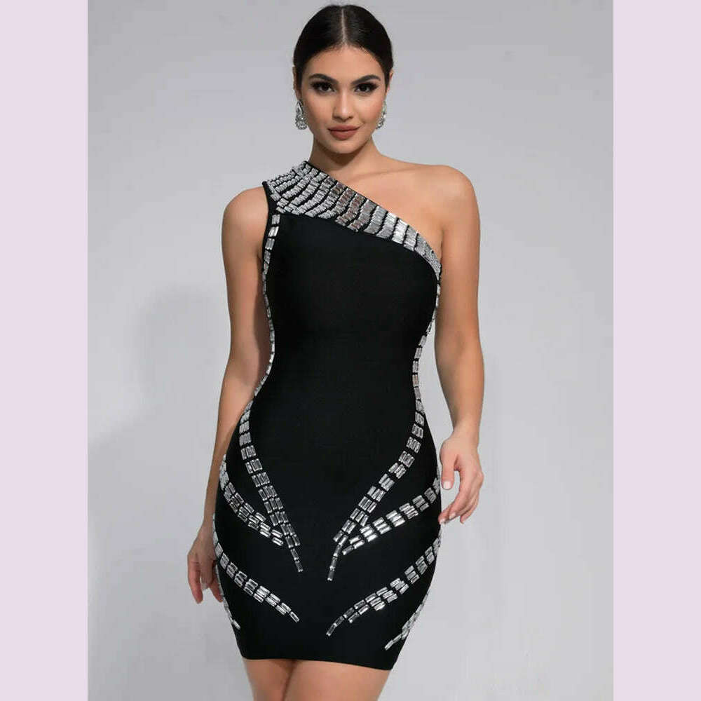 Women Celebrity Sexy One Shoulder Crystal Diamonds Black Mini Bandage Dress 2024 Knitted Elegant Evening Club Party Outfit - KIMLUD