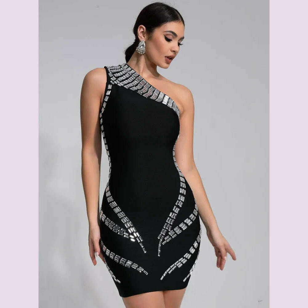 Women Celebrity Sexy One Shoulder Crystal Diamonds Black Mini Bandage Dress 2024 Knitted Elegant Evening Club Party Outfit - KIMLUD