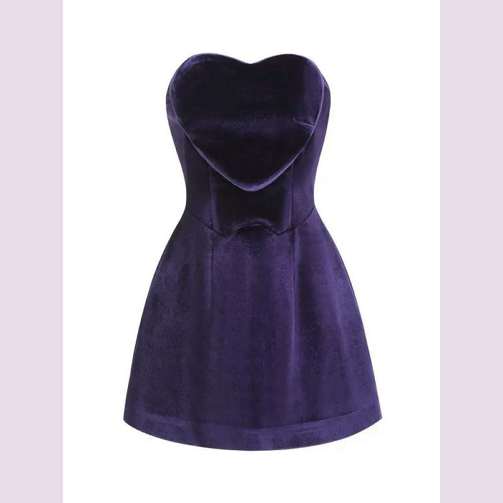 KIMLUD, Women Celebrity Sexy Strapaless Backless Velvet Purple Heart Mini Bodycon A Line Dress 2024 Elegant Evening Club Party Outfit, KIMLUD Womens Clothes