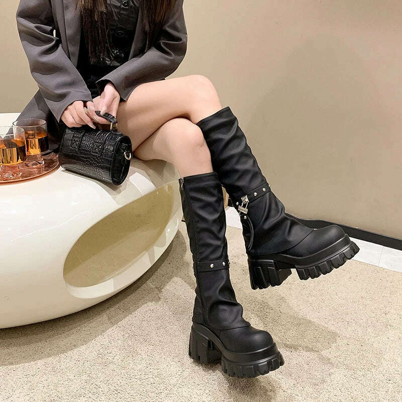 KIMLUD, Women Chunky Platform Knee-High Boots Punk Leather Long Boot Woman 9CM Heels New Autumn Winter Warm Fur Shoes Motorcycle Booties, KIMLUD Womens Clothes