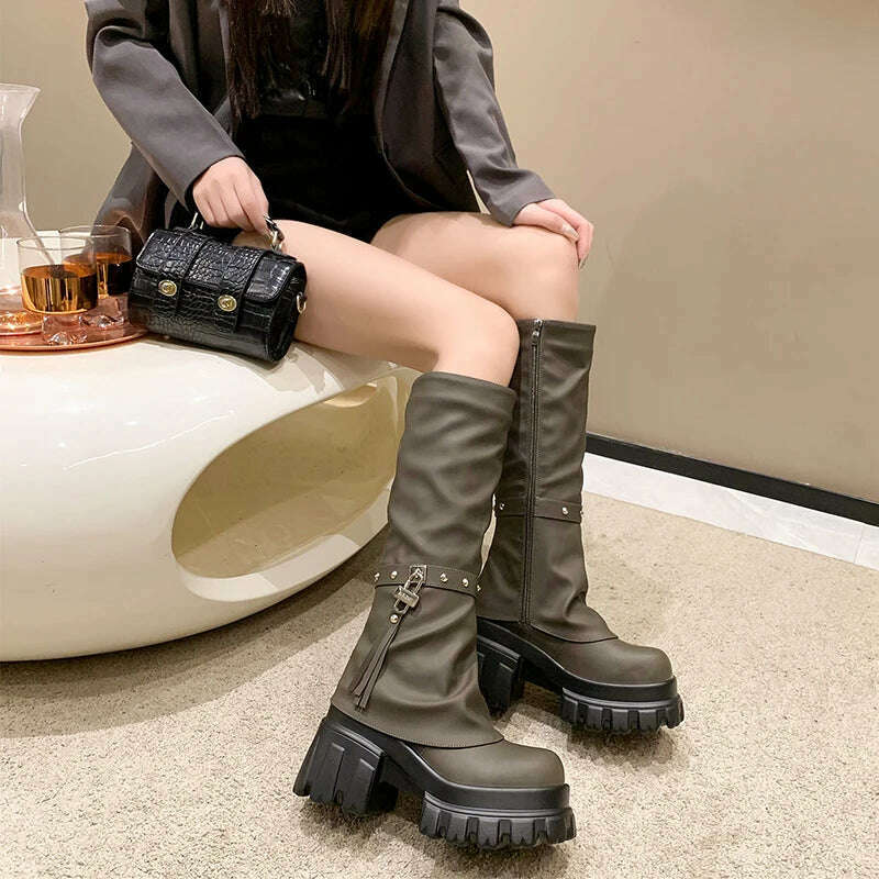 KIMLUD, Women Chunky Platform Knee-High Boots Punk Leather Long Boot Woman 9CM Heels New Autumn Winter Warm Fur Shoes Motorcycle Booties, KIMLUD Womens Clothes