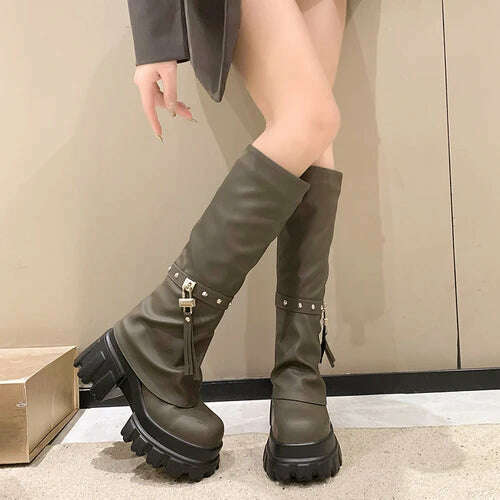 KIMLUD, Women Chunky Platform Knee-High Boots Punk Leather Long Boot Woman 9CM Heels New Autumn Winter Warm Fur Shoes Motorcycle Booties, Gray / 34, KIMLUD APPAREL - Womens Clothes