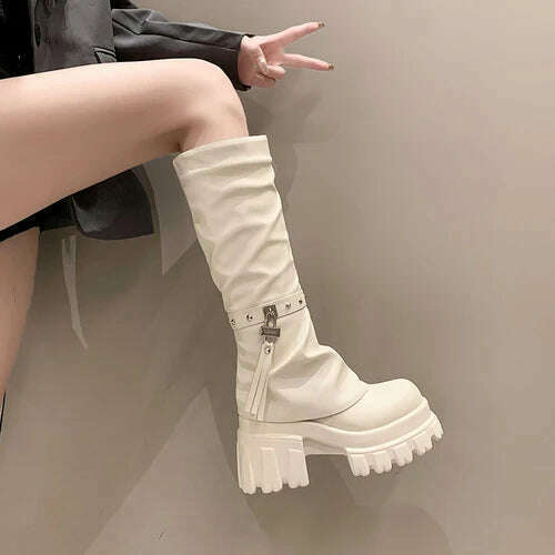 KIMLUD, Women Chunky Platform Knee-High Boots Punk Leather Long Boot Woman 9CM Heels New Autumn Winter Warm Fur Shoes Motorcycle Booties, Beige / 34, KIMLUD APPAREL - Womens Clothes