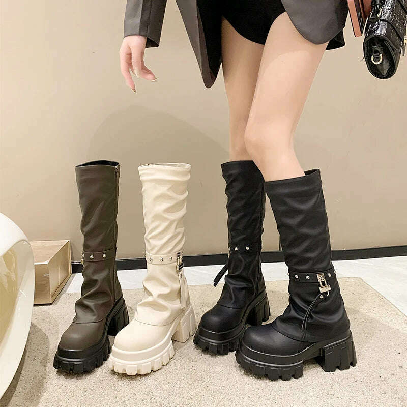 KIMLUD, Women Chunky Platform Knee-High Boots Punk Leather Long Boot Woman 9CM Heels New Autumn Winter Warm Fur Shoes Motorcycle Booties, KIMLUD Womens Clothes