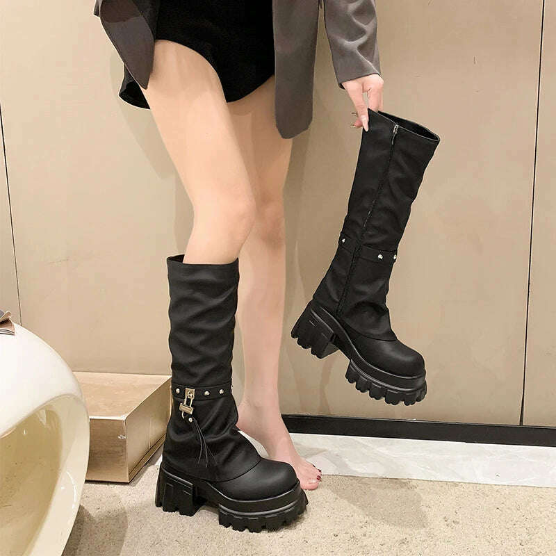 KIMLUD, Women Chunky Platform Knee-High Boots Punk Leather Long Boot Woman 9CM Heels New Autumn Winter Warm Fur Shoes Motorcycle Booties, KIMLUD Womens Clothes