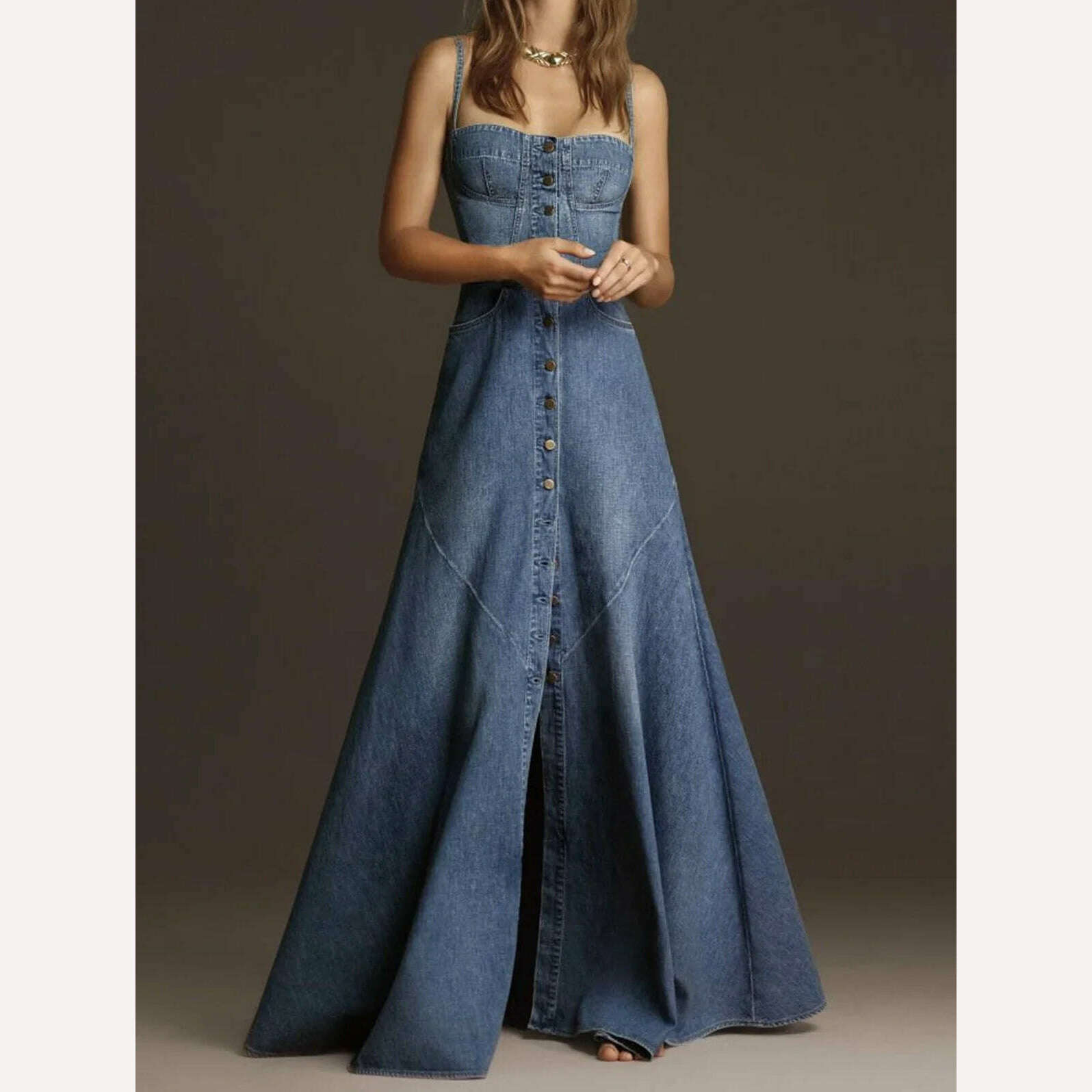 Women Denim Dress Sleeveless Square Collar Sling Jean Slim Fit Long Dress Summer Elegant Female Buttons Maxi Dress Solid Robes - KIMLUD