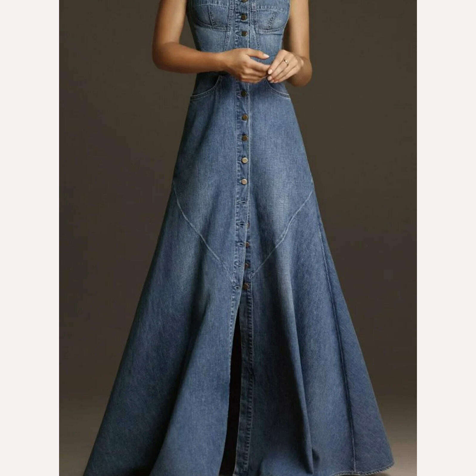 KIMLUD, Women Denim Dress Sleeveless Square Collar Sling Jean Slim Fit Long Dress Summer Elegant Female Buttons Maxi Dress Solid Robes, KIMLUD Womens Clothes