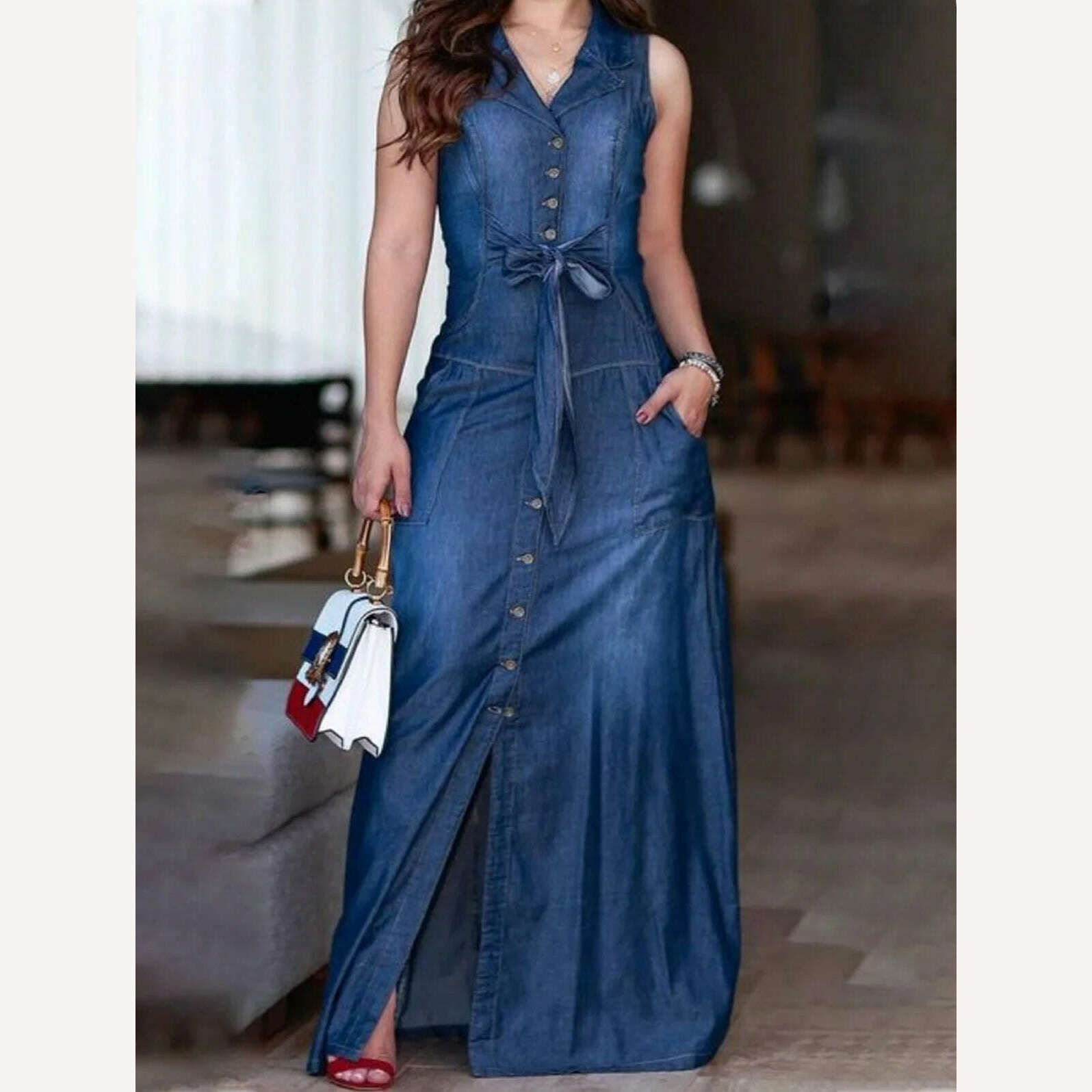 KIMLUD, Women Denim Dress Sleeveless Square Collar Sling Jean Slim Fit Long Dress Summer Elegant Female Buttons Maxi Dress Solid Robes, Style 2 / L / CHINA, KIMLUD APPAREL - Womens Clothes