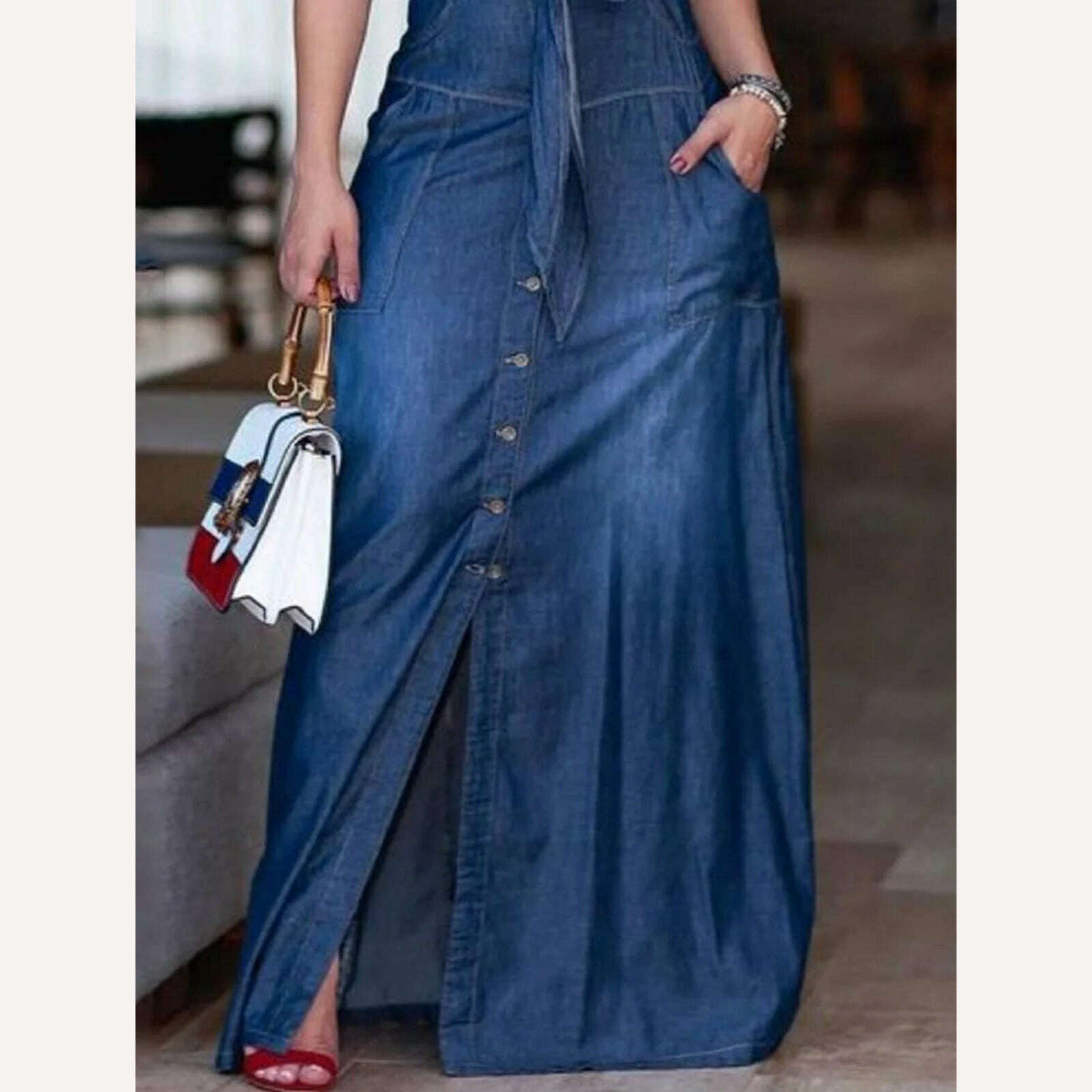 KIMLUD, Women Denim Dress Sleeveless Square Collar Sling Jean Slim Fit Long Dress Summer Elegant Female Buttons Maxi Dress Solid Robes, KIMLUD Womens Clothes