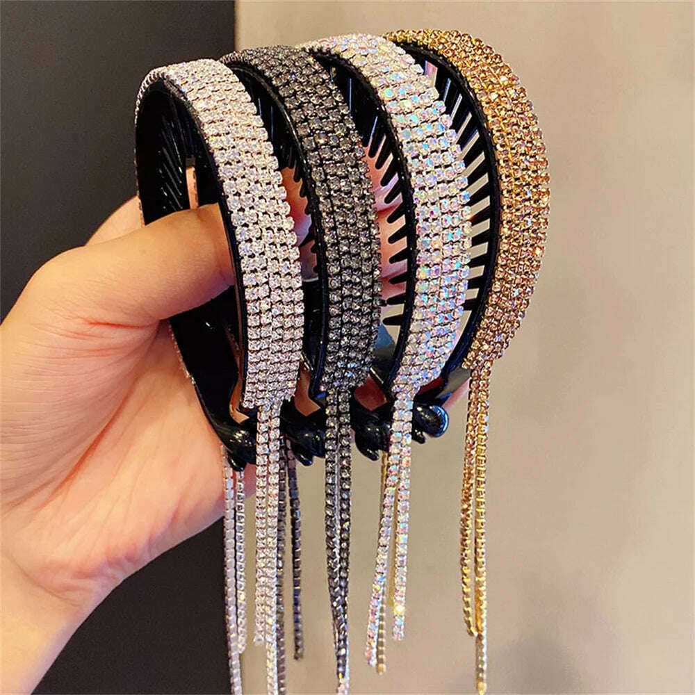 KIMLUD, Women Elegant Luxury Rhinestone Hair Claws Crystal Tassel Ponytail Hairpin Hair Accessories for Wedding Party, KIMLUD Womens Clothes