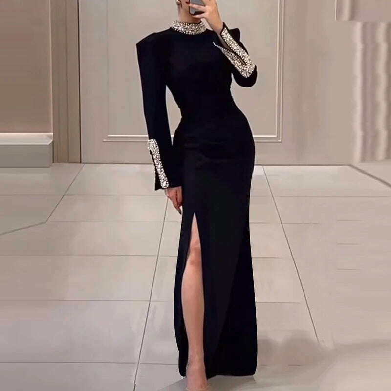 KIMLUD, Women Elegant Solid High Slit Party Dress Temperament Long Sleeve Slim Evening Gala Dress Turtleneck Rhinestone Banquet Dresses, KIMLUD Womens Clothes