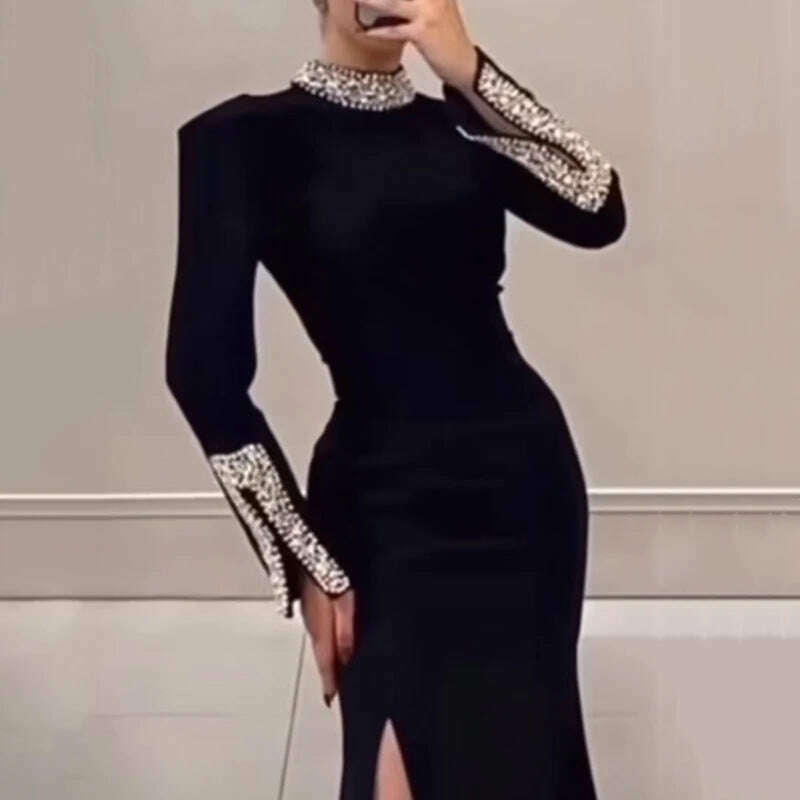 KIMLUD, Women Elegant Solid High Slit Party Dress Temperament Long Sleeve Slim Evening Gala Dress Turtleneck Rhinestone Banquet Dresses, KIMLUD Womens Clothes