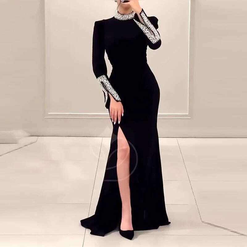 KIMLUD, Women Elegant Solid High Slit Party Dress Temperament Long Sleeve Slim Evening Gala Dress Turtleneck Rhinestone Banquet Dresses, 01 Black / S, KIMLUD APPAREL - Womens Clothes