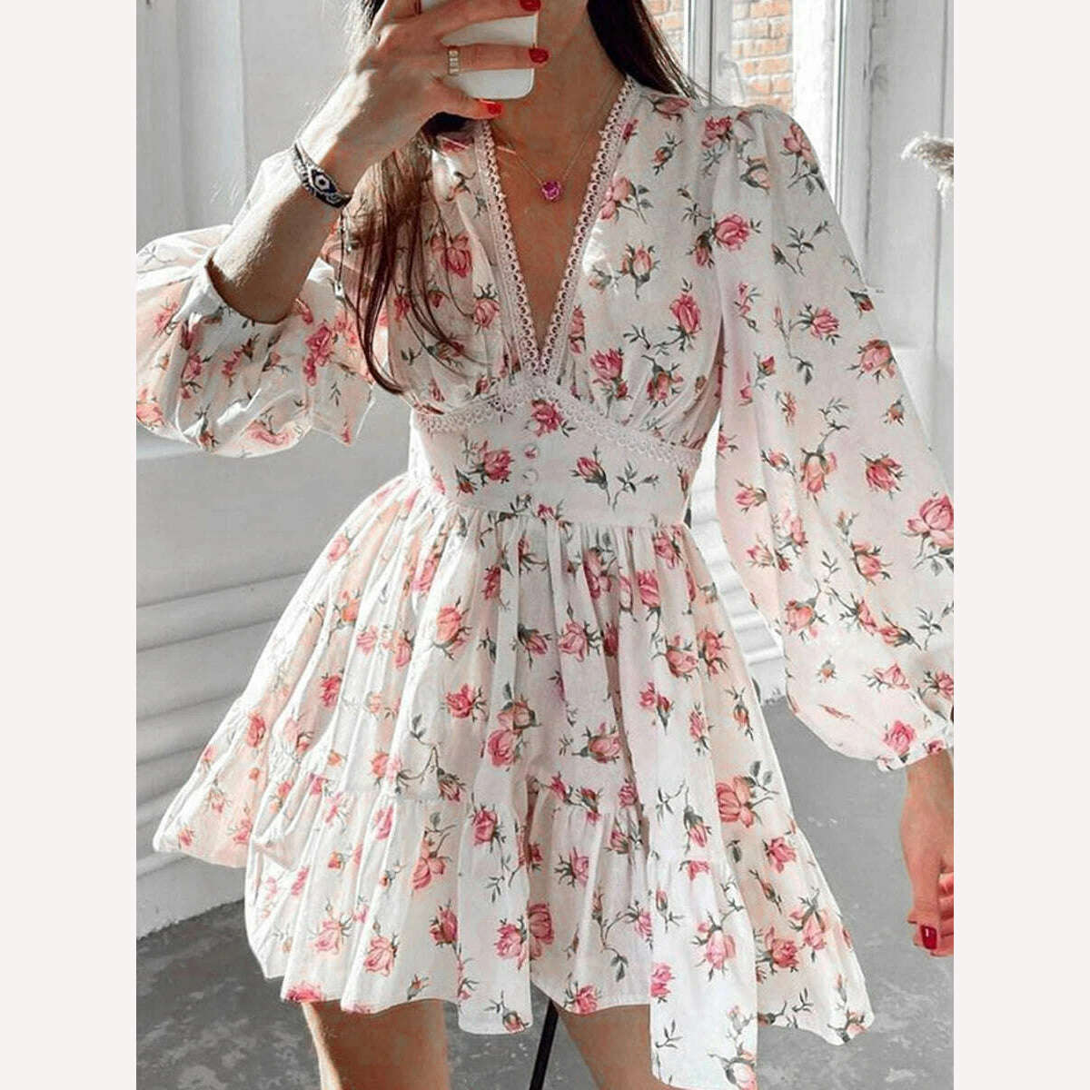 KIMLUD, Women Elegant Summer Dress Long Sleeve Floral Print Mini Dress Deep V Ruffle A-Line Fairy Flowy Swing Mini Dress, KIMLUD Womens Clothes