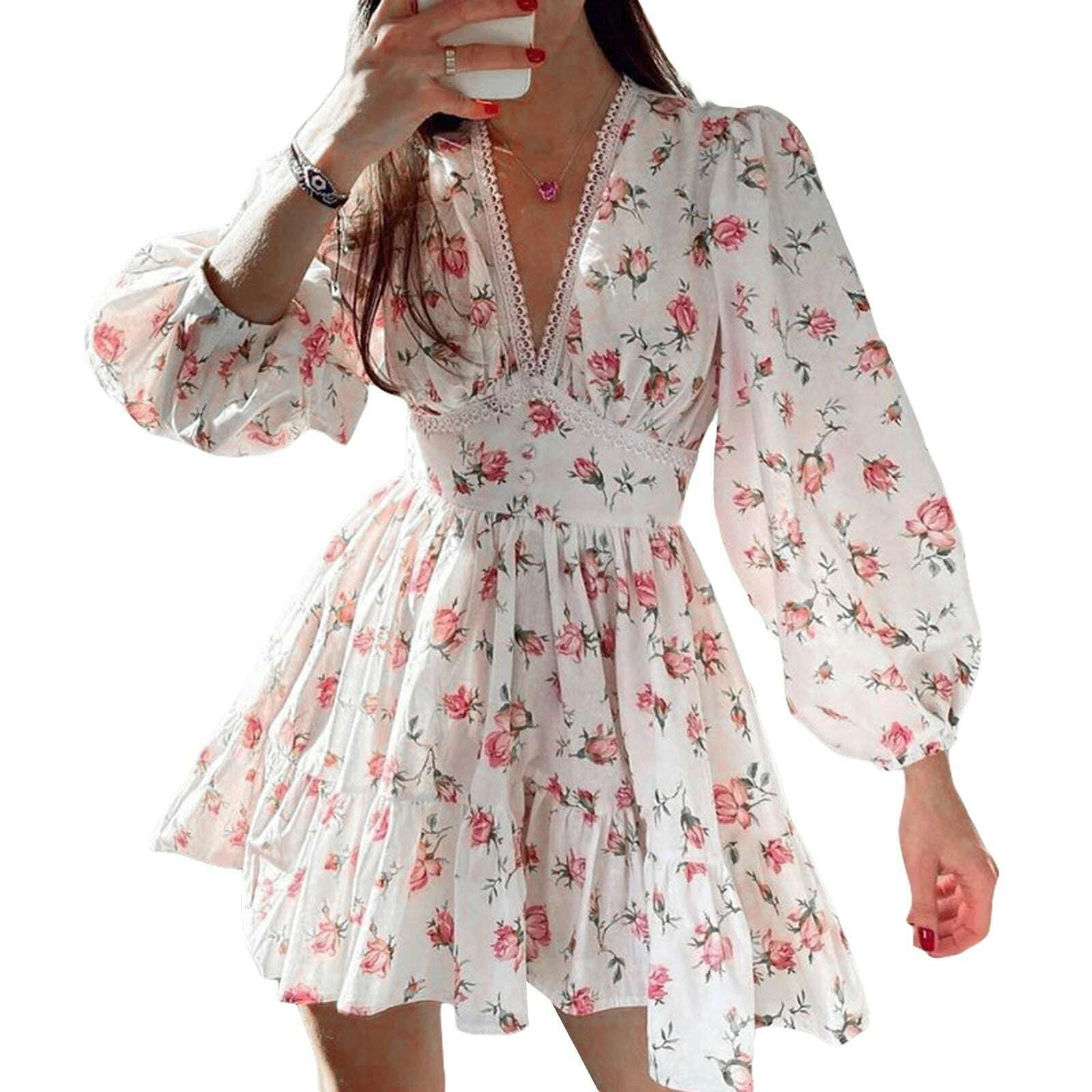 KIMLUD, Women Elegant Summer Dress Long Sleeve Floral Print Mini Dress Deep V Ruffle A-Line Fairy Flowy Swing Mini Dress, WHITE / L, KIMLUD APPAREL - Womens Clothes