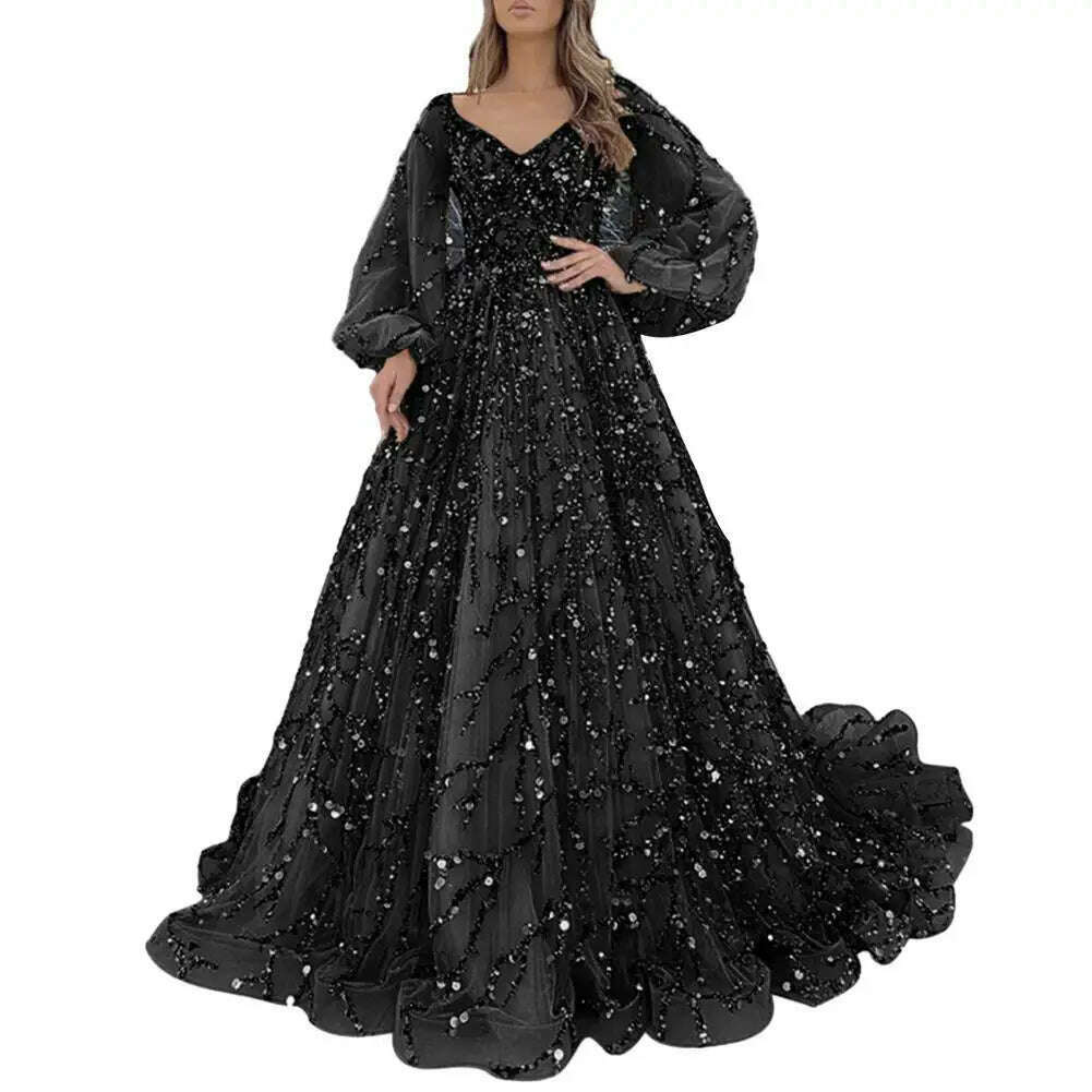 KIMLUD, Women Evening Dress V Neck Lantern Sleeve Beading Padded A-line Long Skirt Floor Length Double-layered Party Dress Prom Gown, Black / 2XL, KIMLUD APPAREL - Womens Clothes