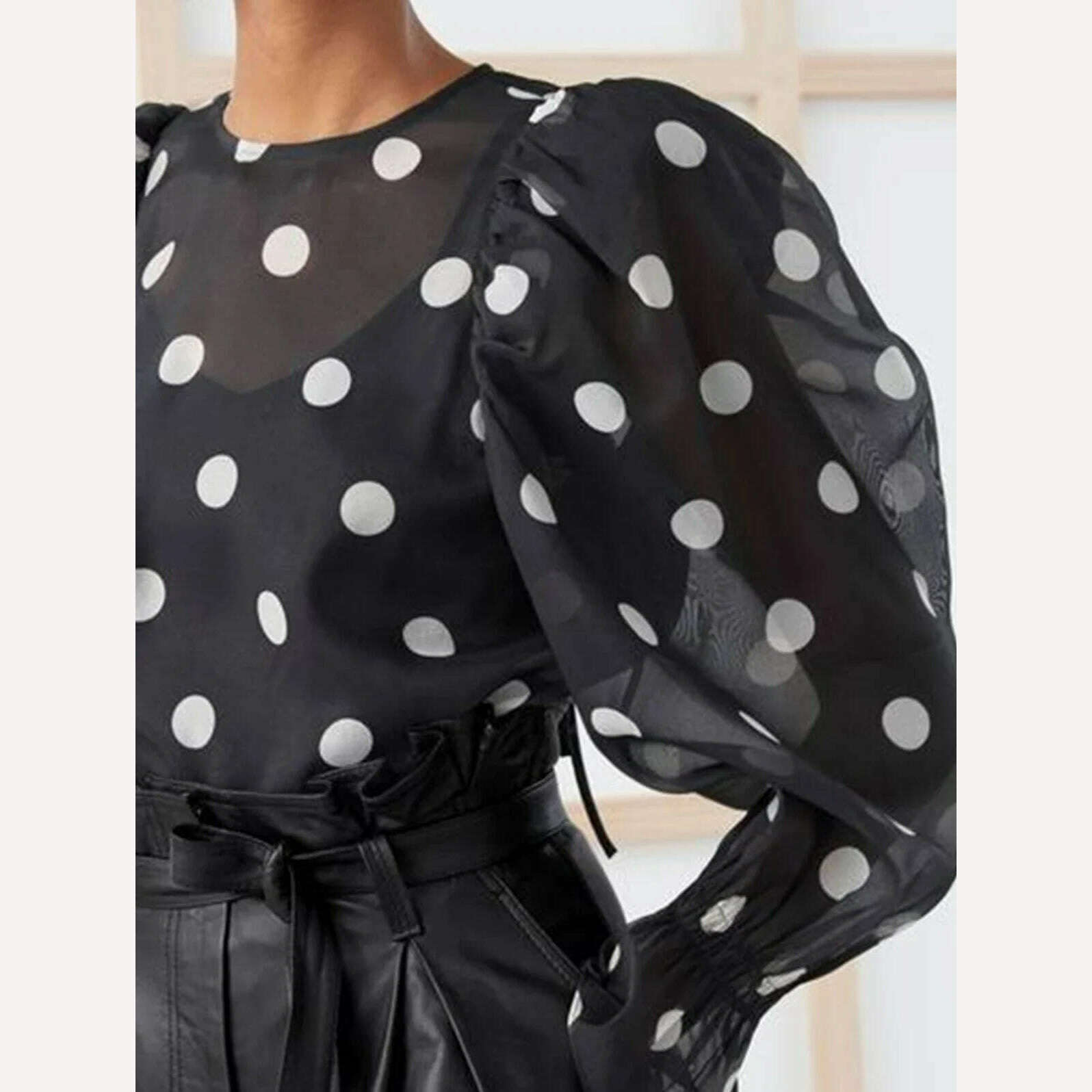 KIMLUD, Women Fashion Casual Sexy Elegant Long Sleeve Round Neck Mesh Polka Dot Lantern Sleeve Loose Blouses Shirts Vintage Tops 2024, KIMLUD Womens Clothes