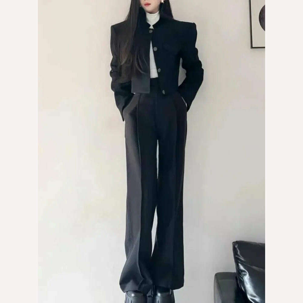 Women Fashion Elegant Casual Business Black Trousers Suit Vintage Crop Blazer Jackets and Pants Two Pieces Set Female Pantsuits - KIMLUD