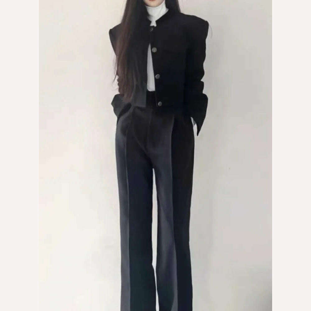 Women Fashion Elegant Casual Business Black Trousers Suit Vintage Crop Blazer Jackets and Pants Two Pieces Set Female Pantsuits - KIMLUD