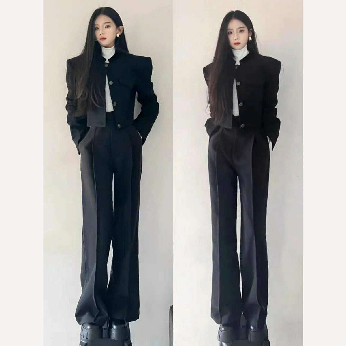 KIMLUD, Women Fashion Elegant Casual Business Black Trousers Suit Vintage Crop Blazer Jackets and Pants Two Pieces Set Female Pantsuits, KIMLUD Womens Clothes