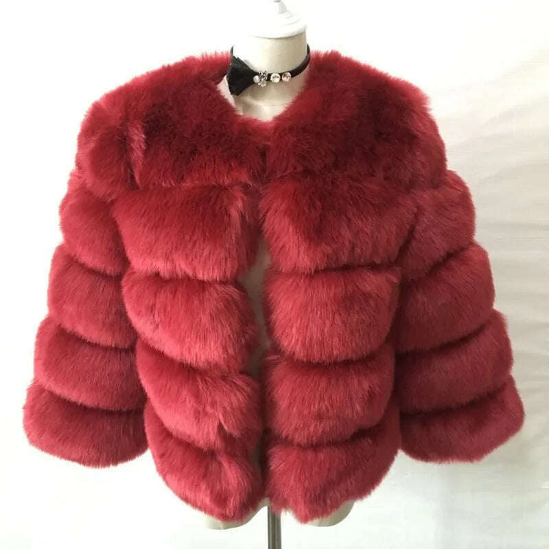 KIMLUD, Women Faux Fur Coat Autumn Winter High Quality Fluffy Short Coat Faux Fur Jacket Ladies furry Fashion Tops, Burgundy / XXS, KIMLUD APPAREL - Womens Clothes