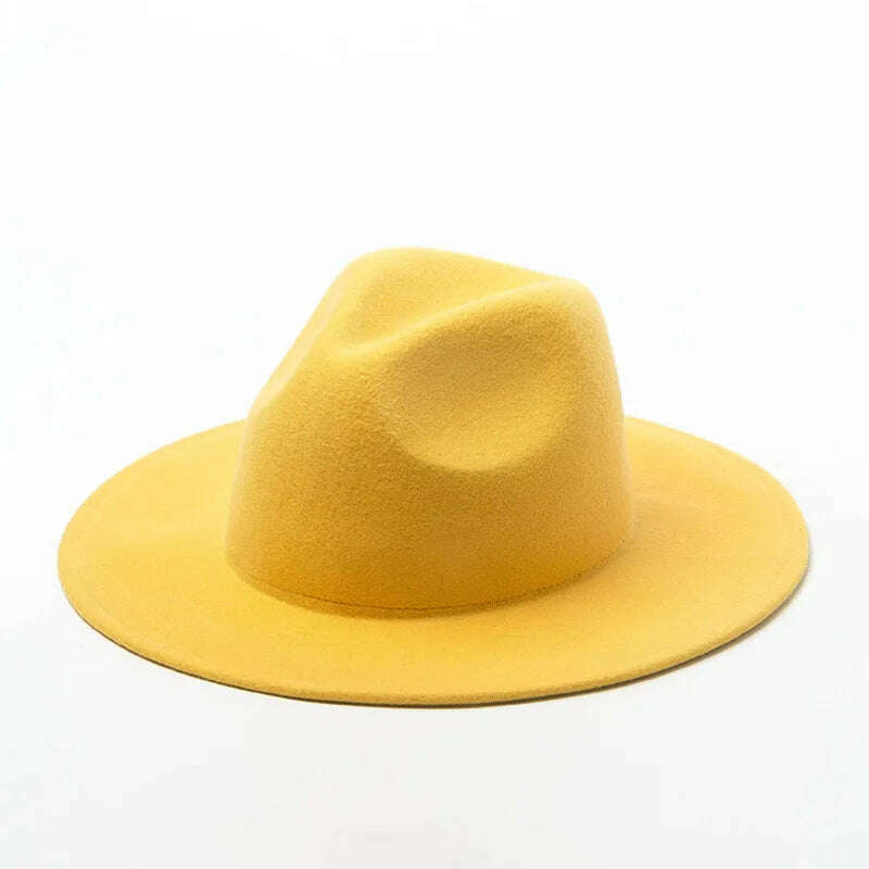 KIMLUD, Women Fedora Hat 100% Wool Wide Brim Felt Hats Winter Trilby Cap Crushable Pork Pie Hat Ladies Floppy Church Wedding Hat Base, Yellow, KIMLUD APPAREL - Womens Clothes