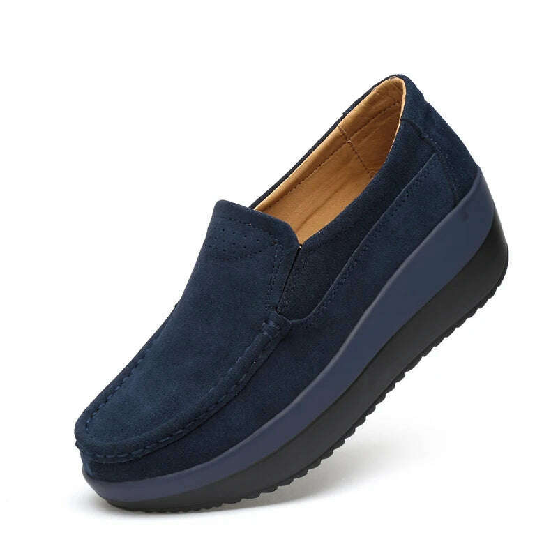 Women Flat Platform Loafers Ladies Elegant Suede Leather Moccasins Shoes Woman Slip On Moccasin Women's Blue Casual Shoes - KIMLUD