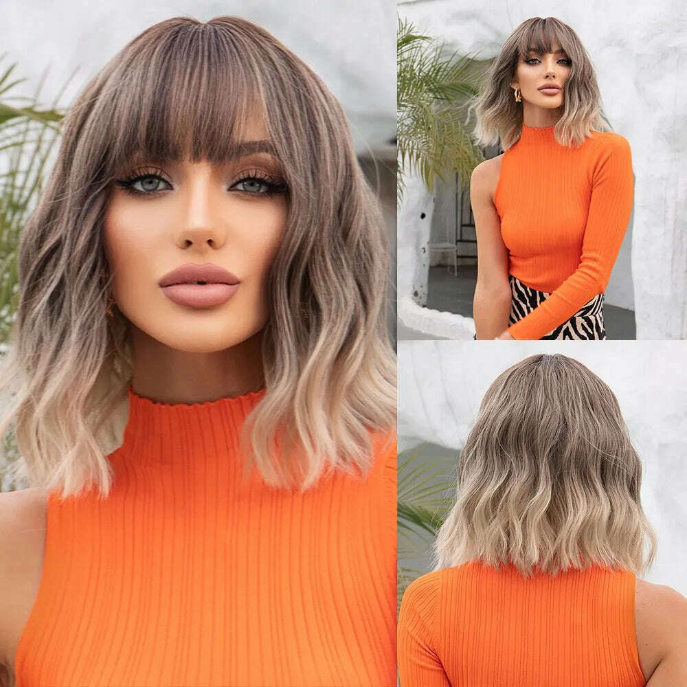 KIMLUD, Women Grey Wavy Bob Wigs with Bangs Short Blonde Ombre Synthetic Wig With with Dark Roots Natural Hair for Daily Use, KIMLUD Womens Clothes