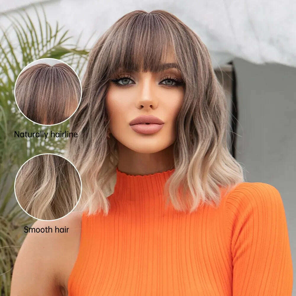 KIMLUD, Women Grey Wavy Bob Wigs with Bangs Short Blonde Ombre Synthetic Wig With with Dark Roots Natural Hair for Daily Use, KIMLUD Womens Clothes