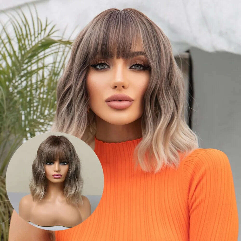 KIMLUD, Women Grey Wavy Bob Wigs with Bangs Short Blonde Ombre Synthetic Wig With with Dark Roots Natural Hair for Daily Use, KIMLUD Womens Clothes