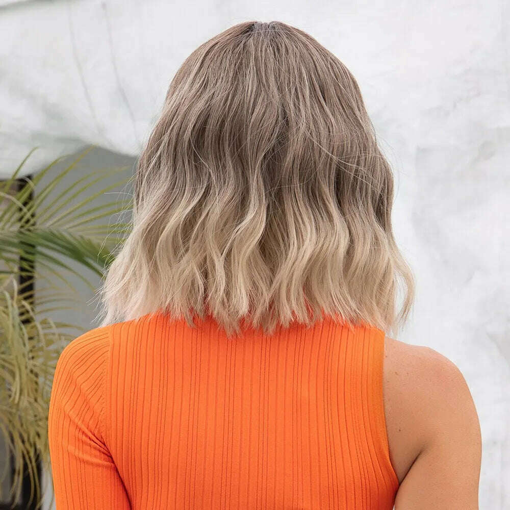 Women Grey Wavy Bob Wigs with Bangs Short Blonde Ombre Synthetic Wig With with Dark Roots Natural Hair for Daily Use - KIMLUD