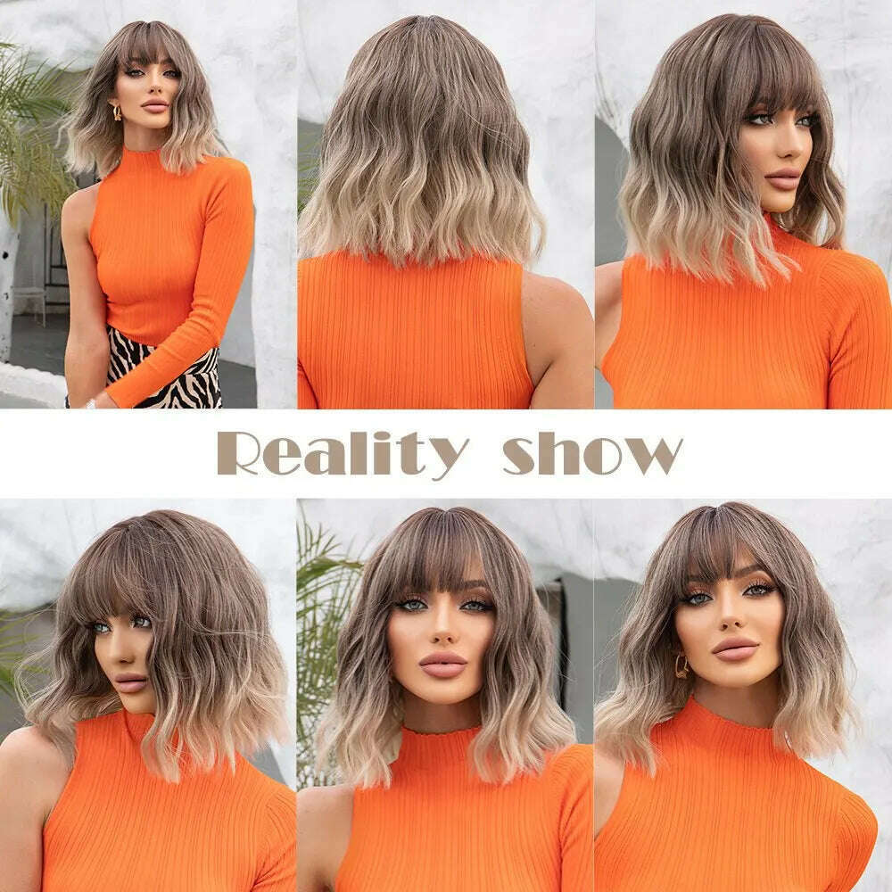 Women Grey Wavy Bob Wigs with Bangs Short Blonde Ombre Synthetic Wig With with Dark Roots Natural Hair for Daily Use - KIMLUD