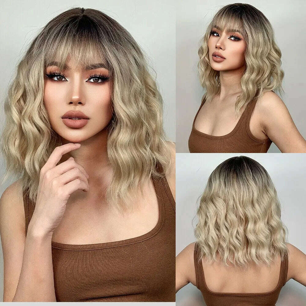 KIMLUD, Women Grey Wavy Bob Wigs with Bangs Short Blonde Ombre Synthetic Wig With with Dark Roots Natural Hair for Daily Use, LC278-1, KIMLUD APPAREL - Womens Clothes