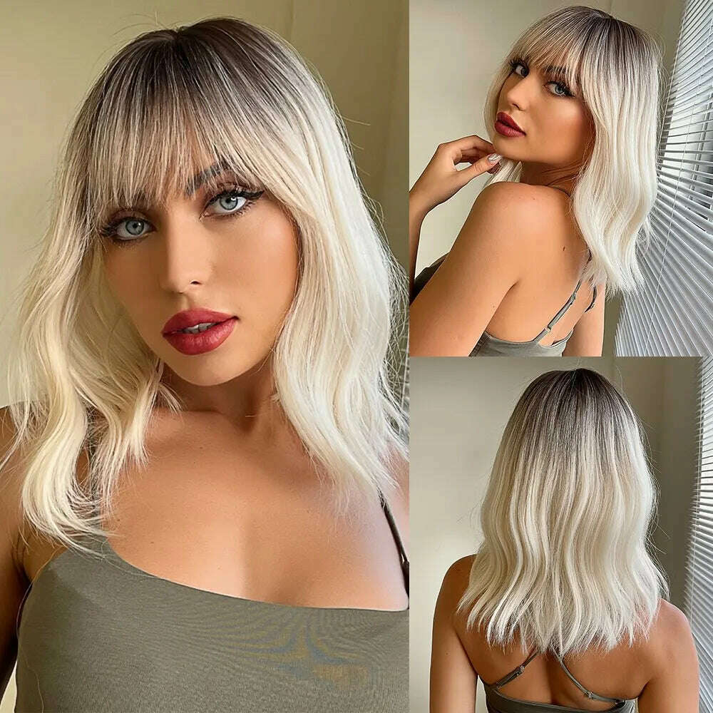 KIMLUD, Women Grey Wavy Bob Wigs with Bangs Short Blonde Ombre Synthetic Wig With with Dark Roots Natural Hair for Daily Use, KIMLUD Womens Clothes