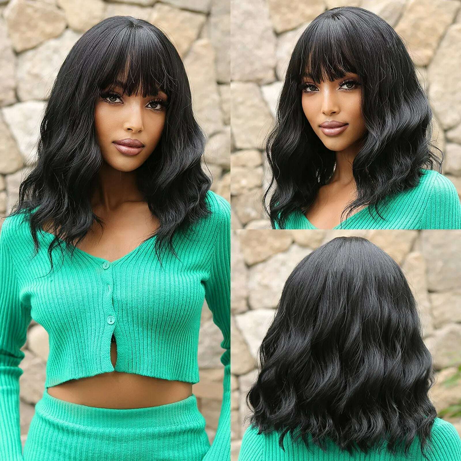 Women Grey Wavy Bob Wigs with Bangs Short Blonde Ombre Synthetic Wig With with Dark Roots Natural Hair for Daily Use - KIMLUD