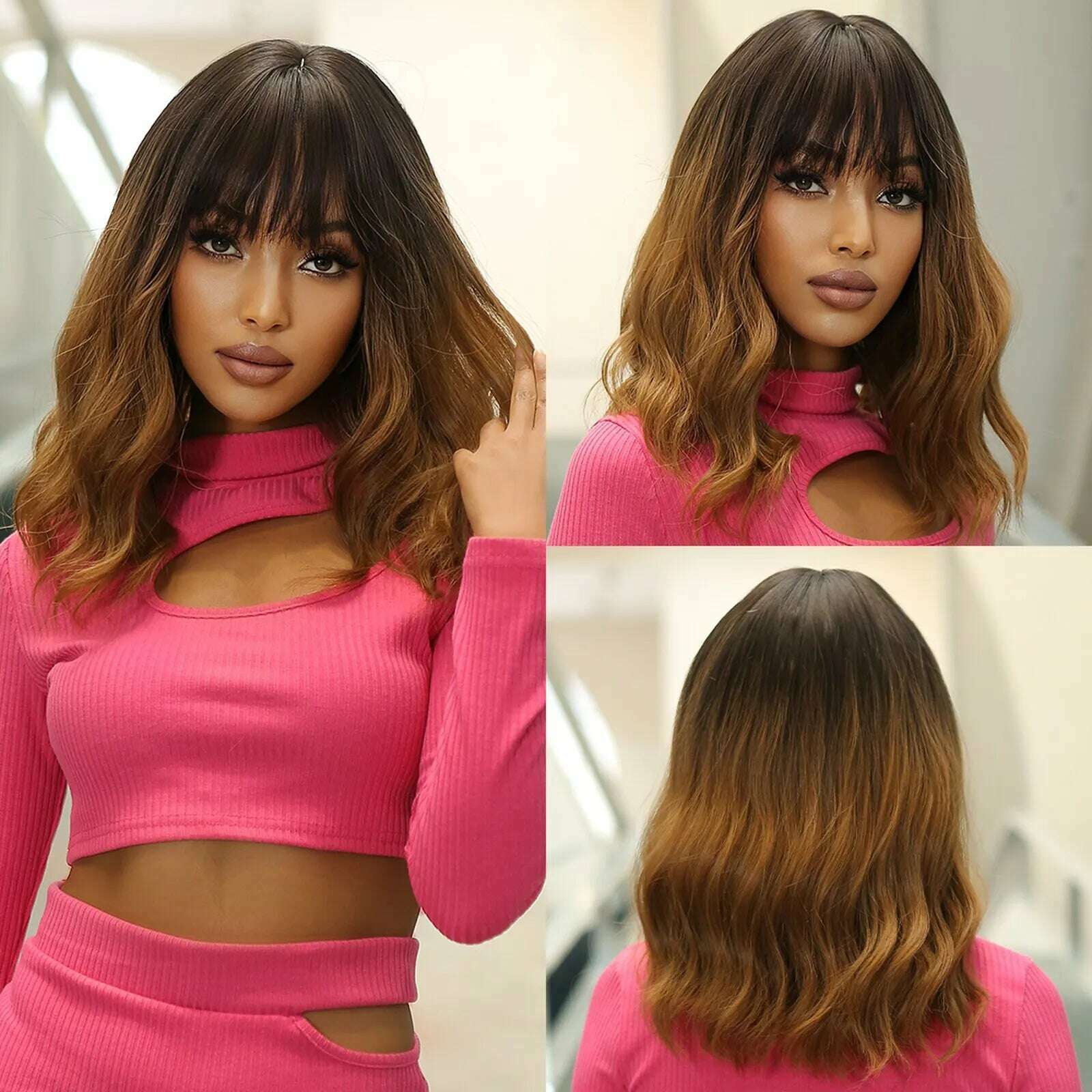 Women Grey Wavy Bob Wigs with Bangs Short Blonde Ombre Synthetic Wig With with Dark Roots Natural Hair for Daily Use - KIMLUD