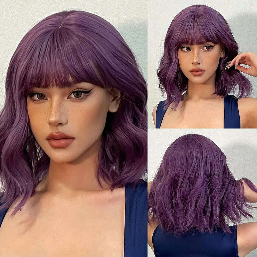 Women Grey Wavy Bob Wigs with Bangs Short Blonde Ombre Synthetic Wig With with Dark Roots Natural Hair for Daily Use - KIMLUD