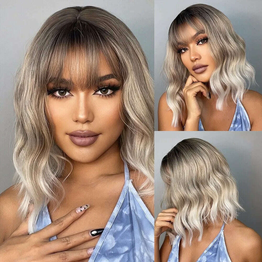 KIMLUD, Women Grey Wavy Bob Wigs with Bangs Short Blonde Ombre Synthetic Wig With with Dark Roots Natural Hair for Daily Use, LC030-1, KIMLUD APPAREL - Womens Clothes