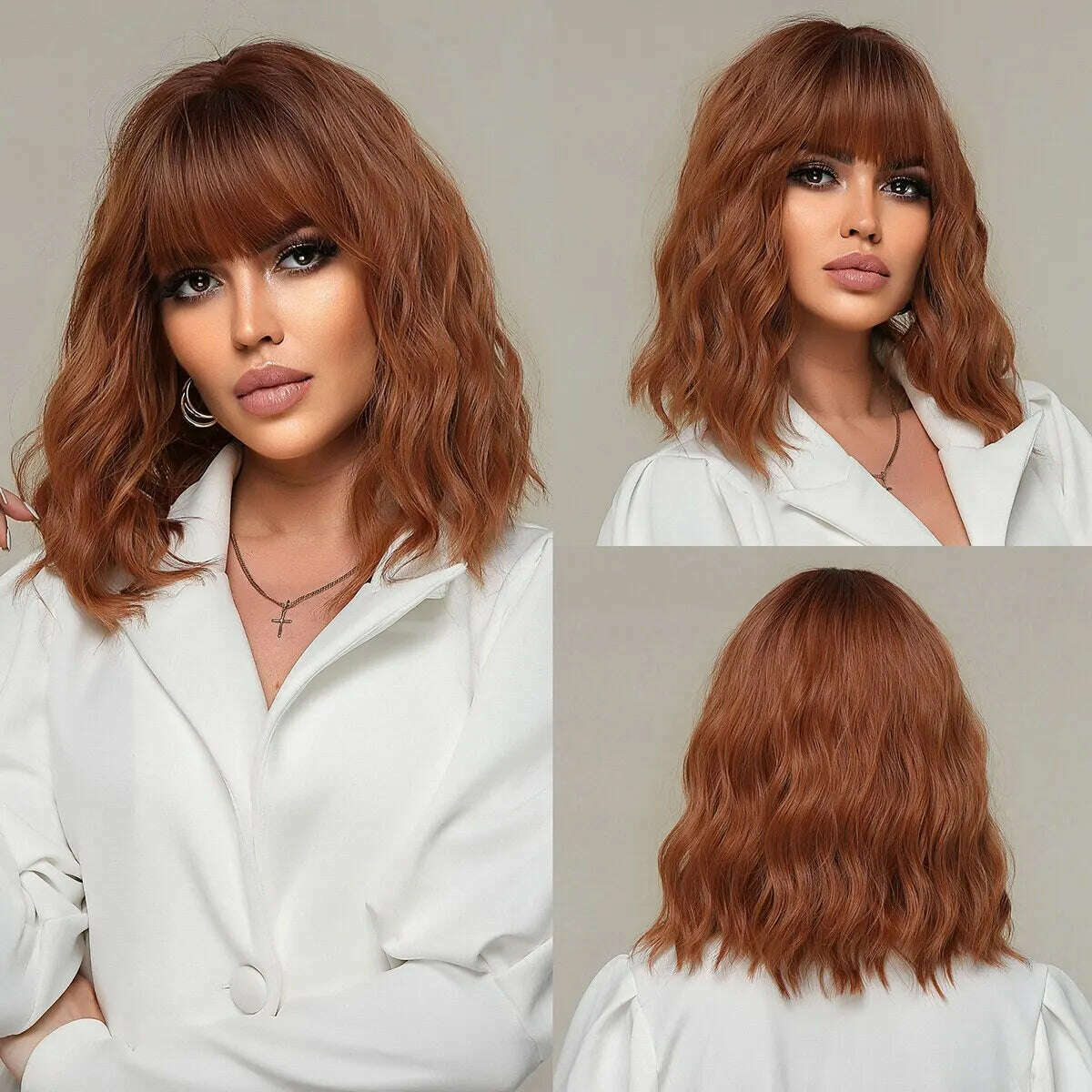 Women Grey Wavy Bob Wigs with Bangs Short Blonde Ombre Synthetic Wig With with Dark Roots Natural Hair for Daily Use - KIMLUD