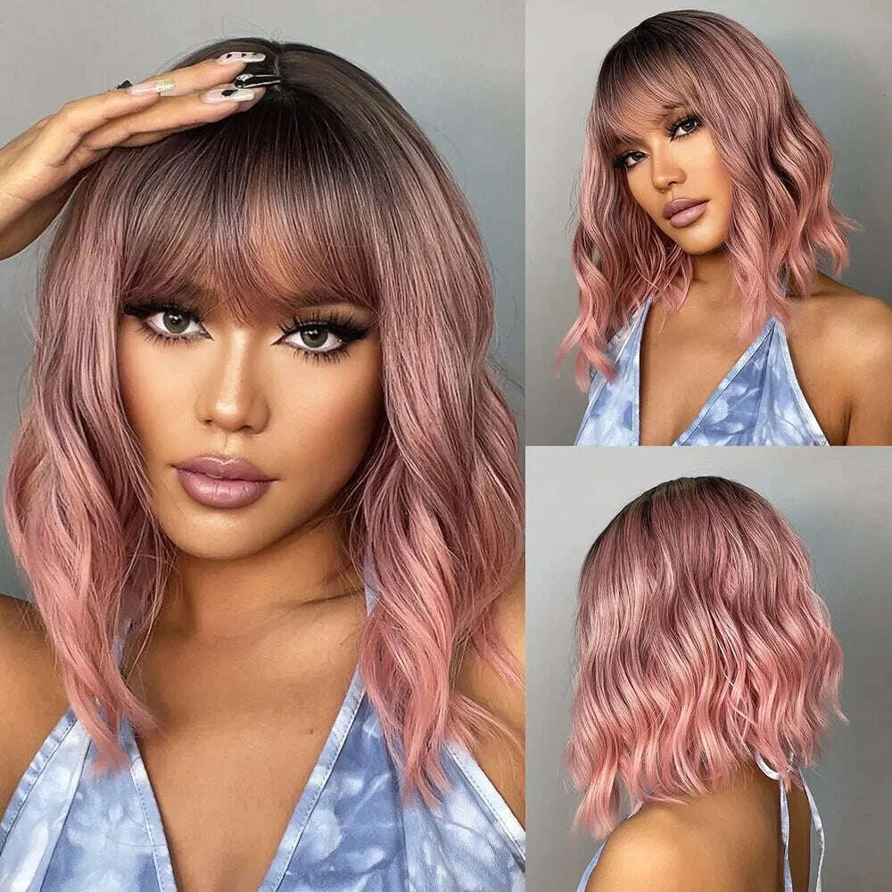 Women Grey Wavy Bob Wigs with Bangs Short Blonde Ombre Synthetic Wig With with Dark Roots Natural Hair for Daily Use - KIMLUD