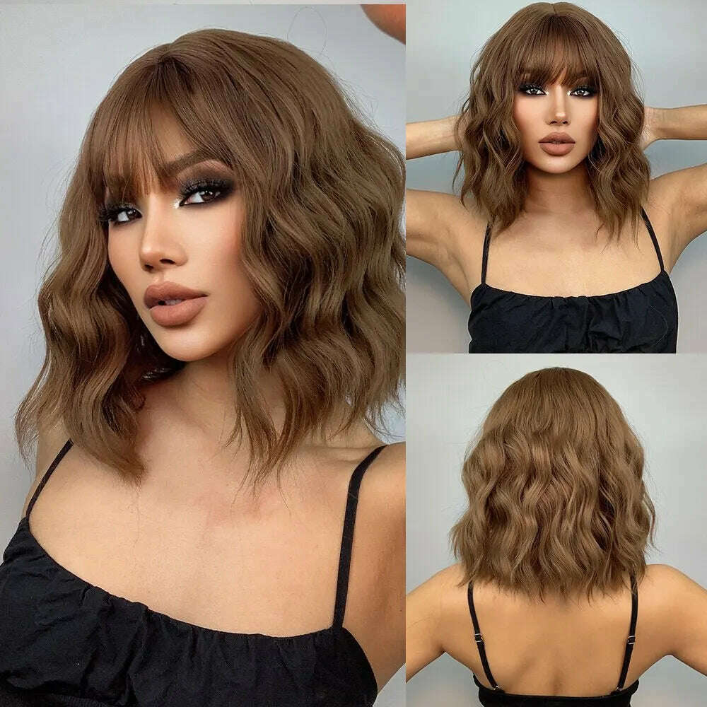 KIMLUD, Women Grey Wavy Bob Wigs with Bangs Short Blonde Ombre Synthetic Wig With with Dark Roots Natural Hair for Daily Use, SS170-4, KIMLUD APPAREL - Womens Clothes