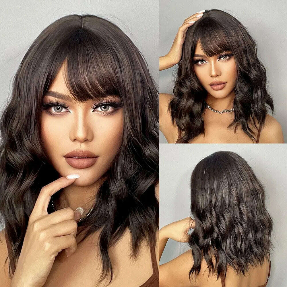 Women Grey Wavy Bob Wigs with Bangs Short Blonde Ombre Synthetic Wig With with Dark Roots Natural Hair for Daily Use - KIMLUD